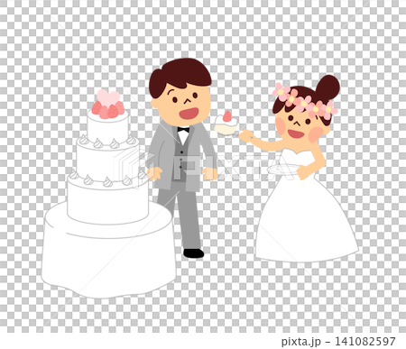 The bride feeds the groom the wedding cake. The bride feeds the groom the wedding cake. 141082597