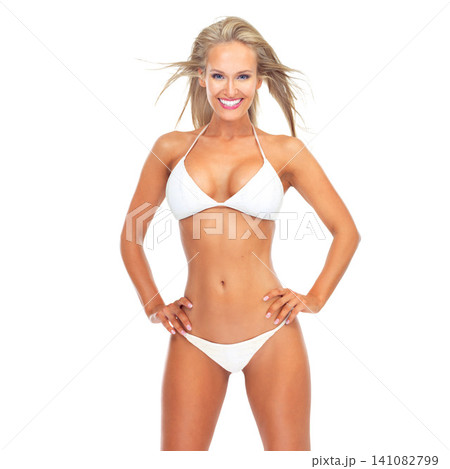 Happy woman, pose in bikini and portrait with body, confidence for fitness and health, beach wear and summer fashion. Swimsuit, underwear and slim model with smile isolated on white background Happy woman, pose in bikini and portrait with body, confidence for fitness and health, beach wear and summer fashion. Swimsuit, underwear and slim model with smile isolated on white background 141082799
