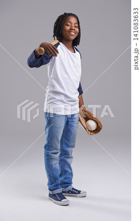 Baseball, portrait and child in a studio with ball, sport and fitness gear with a smile of a kid. Youth, happy and African boy with modern, casual and hipster fashion with a workout glove and a teen Baseball, portrait and child in a studio with ball, sport and fitness gear with a smile of a kid. Youth, happy and African boy with modern, casual and hipster fashion with a workout glove and a teen 141083633