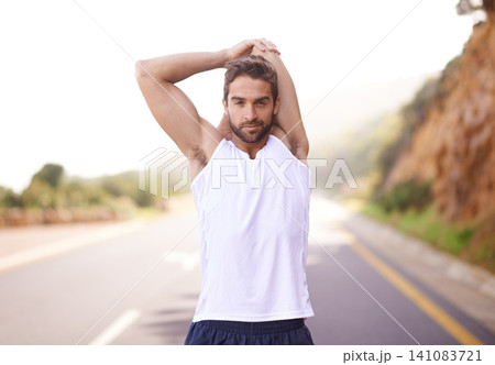 Road, workout and stretching of man, smile and training for energy in nature of city of Cape Town. Adult, male person or runner ready for sport with exercise to relax, wellness and healthy for body Road, workout and stretching of man, smile and training for energy in nature of city of Cape Town. Adult, male person or runner ready for sport with exercise to relax, wellness and healthy for body 141083721