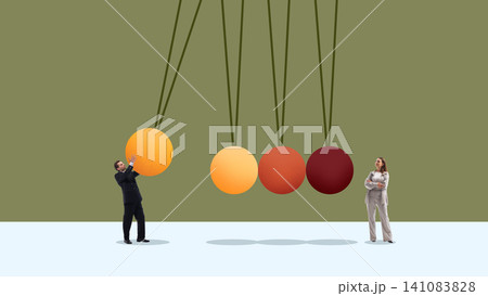 Businessman moving large sphere beside suspended balance balls in strategic comparison. Businessman moving large sphere beside suspended balance balls in strategic comparison. 141083828