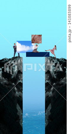 People building collage bridge between rocky cliffs. People building collage bridge between rocky cliffs. 141083899