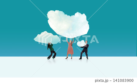 Three people holding cloud shapes in minimalist blue scene Three people holding cloud shapes in minimalist blue scene 141083900