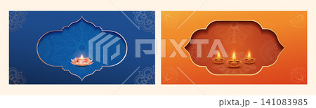 Textless Diwali horizontal banner templates with glowing diya lamps, mandala ornaments, arch frames and copy space. Festive vector backgrounds for greetings, sales, headers and social media. Textless Diwali horizontal banner templates with glowing diya lamps, mandala ornaments, arch frames and copy space. Festive vector backgrounds for greetings, sales, headers and social media. 141083985