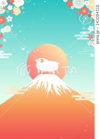 2027未年_年賀状文字なしデザイン_赤い富士山と初日の出と羊3_縦 2027未年_年賀状文字なしデザイン_赤い富士山と初日の出と羊3_縦 141084318