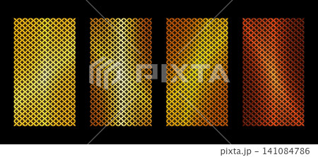 Perforated metal plate set with gold, diamond, and purple textures. Realistic steel mesh backgrounds featuring geometric patterns, holes, and metallic finishes for industrial design. Perforated metal plate set with gold, diamond, and purple textures. Realistic steel mesh backgrounds featuring geometric patterns, holes, and metallic finishes for industrial design. 141084786