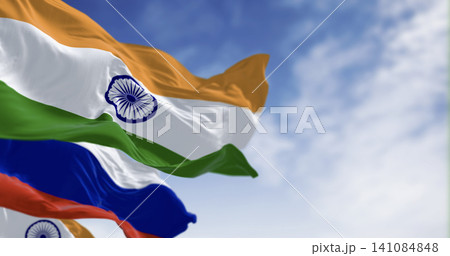 The flags of India and Russia waving in the wind on a clear day 141084848