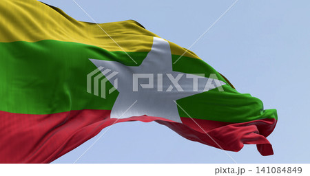 Close-up of Myanmar national flag fluttering in the wind Close-up of Myanmar national flag fluttering in the wind 141084849