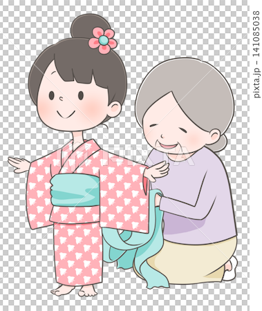 一幅祖母給孫子穿浴衣的插圖。 一幅祖母給孫子穿浴衣的插圖。 141085038