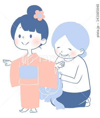 祖母が孫に浴衣を着付けるイラスト 祖母が孫に浴衣を着付けるイラスト 141085040