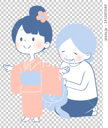 祖母が孫に浴衣を着付けるイラスト 祖母が孫に浴衣を着付けるイラスト 141085040