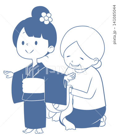 祖母が孫に浴衣を着付けるイラスト 141085044