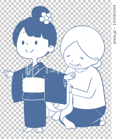 祖母が孫に浴衣を着付けるイラスト 141085044