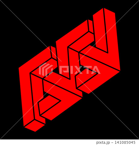 Impossible shapes. Sacred geometry. Optical illusion figures. Abstract eternal geometric objects. Impossible endless outline logo. Op art. Impossible geometry shape on a black background. Line art. 141085045