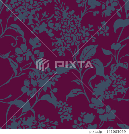 Modern monochrome vector seamless pattern. Contemporary floral silhouette background with lilacs and leaves in deep burgundy red and slate blue. Modern monochrome vector seamless pattern. Contemporary floral silhouette background with lilacs and leaves in deep burgundy red and slate blue. 141085069