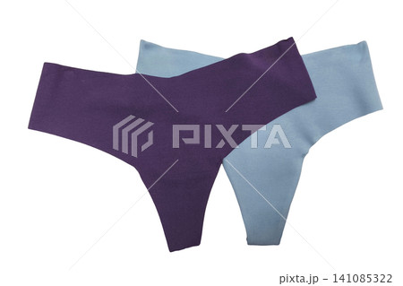 pair of blue and purple women's panties on white background. Elegant lace lingerie with a floral pattern and romantic design, perfect for fashion, beauty, and intimate settings 141085322