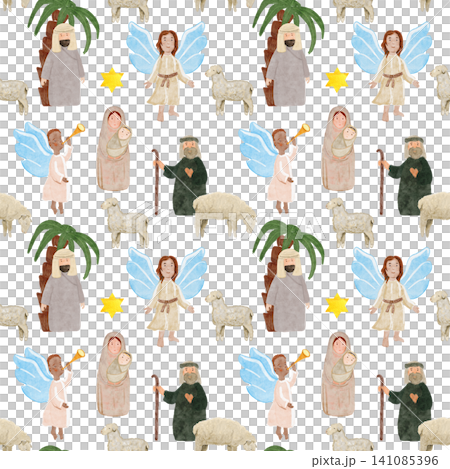 Baby Jesus with Mary, Joseph, shepherds, angels and sheep. Hand-painted watercolor seamless pattern on white. Perfect for Christmas cards, Sunday school, banners, textile and Christian decor. Holy Baby Jesus with Mary, Joseph, shepherds, angels and sheep. Hand-painted watercolor seamless pattern on white. Perfect for Christmas cards, Sunday school, banners, textile and Christian decor. Holy 141085396