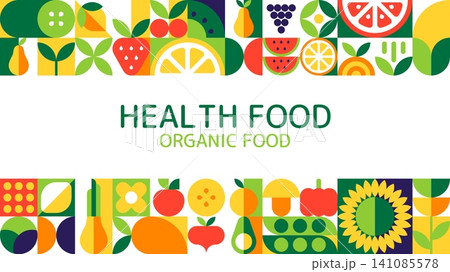 Organic food fruits and vegetables banner with geometric pattern. Mosaic horizontal banner features with block fruits, vegetables and berries. Green, orange, yellow pattern vegan poster Organic food fruits and vegetables banner with geometric pattern. Mosaic horizontal banner features with block fruits, vegetables and berries. Green, orange, yellow pattern vegan poster 141085578