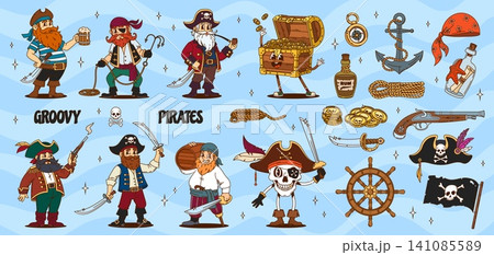 Cartoon groovy corsair and pirate characters set. Vector bearded captain, skippers and sailors. Skeleton rover, treasure chest, swords, anchor, ship wheel, rum bottle with fun and adventurous y2k vibe Cartoon groovy corsair and pirate characters set. Vector bearded captain, skippers and sailors. Skeleton rover, treasure chest, swords, anchor, ship wheel, rum bottle with fun and adventurous y2k vibe 141085589