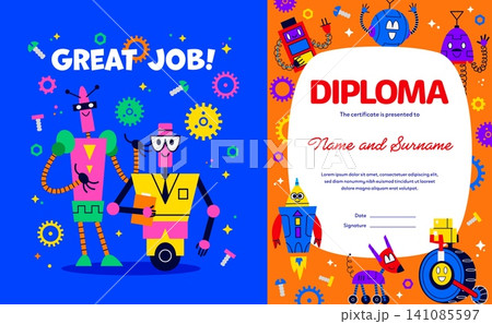 Kids diploma certificate with funny robot droid characters, gears and screws. Cartoon cheerful award layout background, fun educational template celebrating achievement and teamwork for preschoolers 141085597
