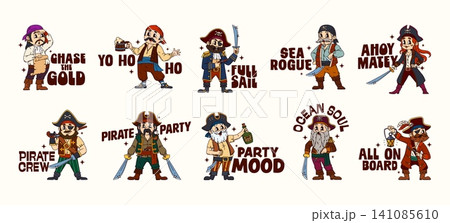 Cartoon y2k groovy pirate corsair stickers. Patches with ship crew and captain characters with party mood and ocean soul saying Chase the gold, Yo ho ho, Full sail, Sea rogue, Ahoy Matey, All on board Cartoon y2k groovy pirate corsair stickers. Patches with ship crew and captain characters with party mood and ocean soul saying Chase the gold, Yo ho ho, Full sail, Sea rogue, Ahoy Matey, All on board 141085610