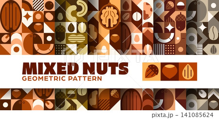 Nuts and beans seamless patterns set with geometric ornament. Mixed nut healthy snack tile backgrounds with walnut, almond, cashew and peanut, hazelnut and acorn motifs in warm brown and beige tones Nuts and beans seamless patterns set with geometric ornament. Mixed nut healthy snack tile backgrounds with walnut, almond, cashew and peanut, hazelnut and acorn motifs in warm brown and beige tones 141085624