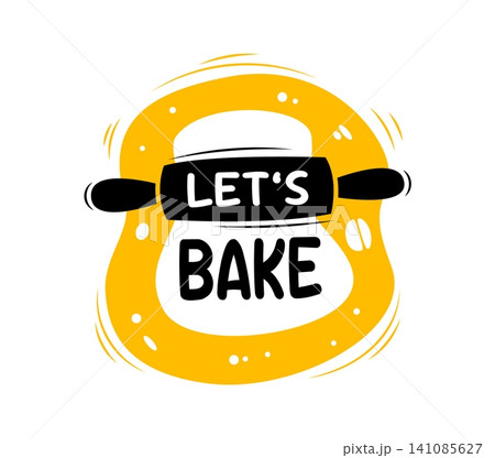 Let us bake kitchen cook icon, food badge with rolling pin tool over yellow dough shape, symbolizing home baking, joy, family pastry cooking, culinary workshops for bakery labels and recipe books Let us bake kitchen cook icon, food badge with rolling pin tool over yellow dough shape, symbolizing home baking, joy, family pastry cooking, culinary workshops for bakery labels and recipe books 141085627