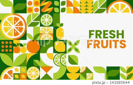 Fresh ripe citrus fruits banner with modern geometric ornament pattern, featuring ripe summer oranges, lemons and limes arranged in bold mosaic grid motifs with vibrant green, yellow and orange colors Fresh ripe citrus fruits banner with modern geometric ornament pattern, featuring ripe summer oranges, lemons and limes arranged in bold mosaic grid motifs with vibrant green, yellow and orange colors 141085644