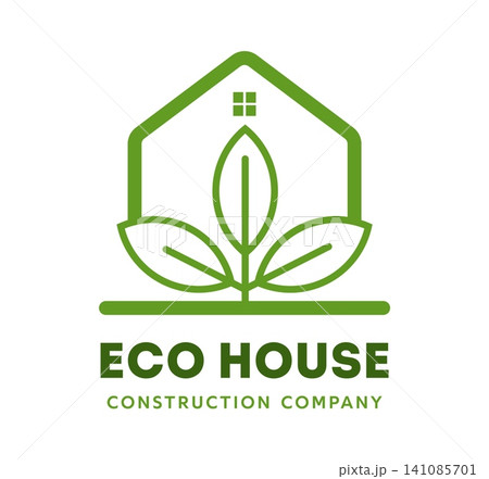 Eco house icon, real estate agency, residence apartment building construction symbol. Emblem with green plant leaves inside a simple home outline for sustainable and environmentally friendly service Eco house icon, real estate agency, residence apartment building construction symbol. Emblem with green plant leaves inside a simple home outline for sustainable and environmentally friendly service 141085701