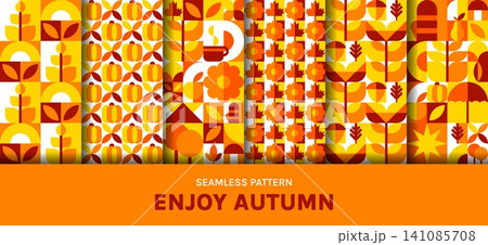 Autumn fall leaves and harvest geometric Bauhaus seamless patterns set. Thanksgiving season Bauhaus background, Autumn seamless print or pattern with yellow flowers and leaves, vegetables and fruits Autumn fall leaves and harvest geometric Bauhaus seamless patterns set. Thanksgiving season Bauhaus background, Autumn seamless print or pattern with yellow flowers and leaves, vegetables and fruits 141085708