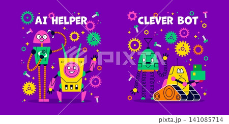 Funny kids t shirt prints ai helper and clever bot with funny robots, surrounded by gears, bolts and springs. Stickers for kids apparel, tshirt emblems with fun technology cyborg machine characters Funny kids t shirt prints ai helper and clever bot with funny robots, surrounded by gears, bolts and springs. Stickers for kids apparel, tshirt emblems with fun technology cyborg machine characters 141085714