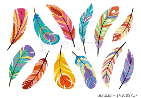 Feather of Native American and indigenous ethnic Boho or Bohemian, tribal bird quill accessory. Cartoon Boho feathers with Indian ornament pattern decoration or plumage with hippie bright colors Feather of Native American and indigenous ethnic Boho or Bohemian, tribal bird quill accessory. Cartoon Boho feathers with Indian ornament pattern decoration or plumage with hippie bright colors 141085717