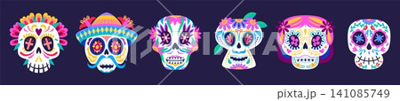 Mexican Day of the Dead festival calavera sugar skulls, Dia De Los Muertos holiday calavera Catrina and mariachi skeletons. Cartoon calaca heads with floral pattern, sombrero for Death celebration Mexican Day of the Dead festival calavera sugar skulls, Dia De Los Muertos holiday calavera Catrina and mariachi skeletons. Cartoon calaca heads with floral pattern, sombrero for Death celebration 141085749
