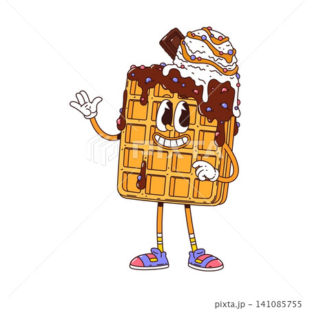 Retro groovy Belgian waffle character topped with dripping melted chocolate and ice cream. Cartoon mascot with expressive eyes and wide toothy grin for waffle cafe branding or sweet shop posters Retro groovy Belgian waffle character topped with dripping melted chocolate and ice cream. Cartoon mascot with expressive eyes and wide toothy grin for waffle cafe branding or sweet shop posters 141085755