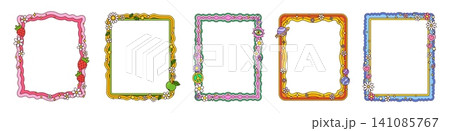 Retro groovy hippie wavy frames, psychedelic y2k borders with wavy scalloped edges. Cute decorative square templates with flowers, strawberries, hearts, planets, stars, peace symbol, and playful decor Retro groovy hippie wavy frames, psychedelic y2k borders with wavy scalloped edges. Cute decorative square templates with flowers, strawberries, hearts, planets, stars, peace symbol, and playful decor 141085767
