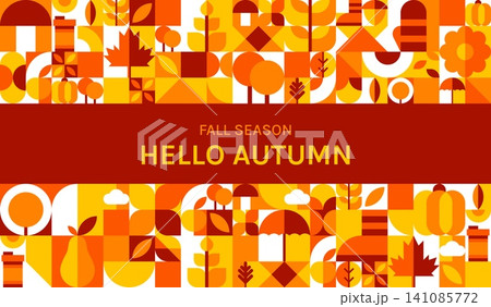 Autumn season poster with Autumnal geometric Bauhaus pattern. Fall season textile Bauhaus background, Thanksgiving backdrop. Autumn seamless pattern with yellow and orange leaves, fruits, vegetables Autumn season poster with Autumnal geometric Bauhaus pattern. Fall season textile Bauhaus background, Thanksgiving backdrop. Autumn seamless pattern with yellow and orange leaves, fruits, vegetables 141085772