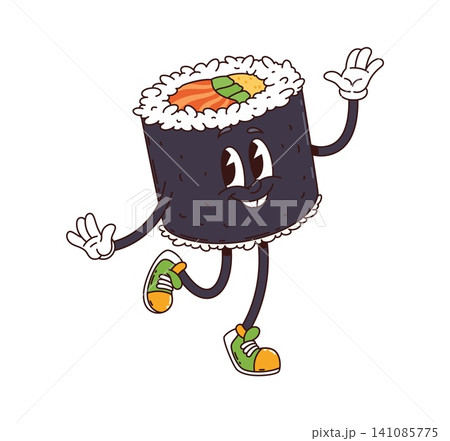 Groovy sushi roll cartoon character or Japanese maki with rice and salmon fish. Funny groovy maki with funky smile on happy face dancing in good vibes for Japanese sushi food comic character 141085775