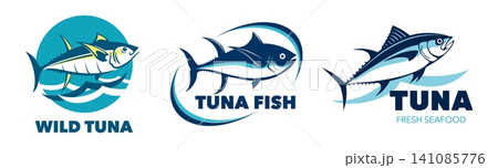 Tuna fish icons for seafood package badges with yellowfin or bluefin tuna jumping on water waves. Tuna icons for fishery market or seafood store and sea food product package, sushi bar cuisine 141085776