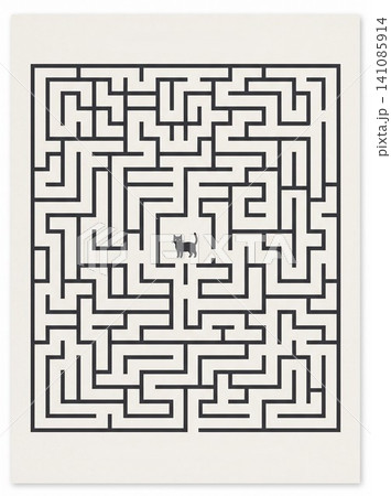 Minimalist vector illustration of a small black cat standing alone in the center of a complex geometric maze on a clean light beige background design 141085914