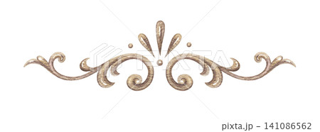 Vintage top symmetric ornament. Hand drawn watercolor gold baroque ornate filigree in elegant rococo style. Classic design for wedding invitation template. Luxury decorative element for gothic logo. 141086562