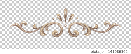 Vintage top symmetric ornament. Hand drawn watercolor gold baroque ornate filigree in elegant rococo style. Classic design for wedding invitation template. Luxury decorative element for gothic logo. 141086562