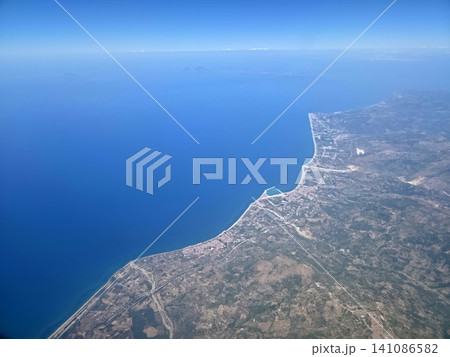 Catania sea beaches sicily Aerial view while landing at airport panorama Catania sea beaches sicily Aerial view while landing at airport panorama 141086582