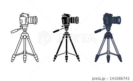 Photo camera on tripod icon set outline silhouette and color vector isolated on white background Photo camera on tripod icon set outline silhouette and color vector isolated on white background 141086741