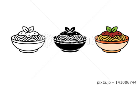 Pasta spaghetti bowl with tomato sauce icon set outline silhouette and color vector isolated on white background Pasta spaghetti bowl with tomato sauce icon set outline silhouette and color vector isolated on white background 141086744