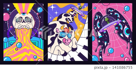 Groovy poster set with psychedelic retro design Groovy poster set with psychedelic retro design 141086755
