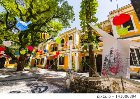 View of the Albergue SCM(ALB Creative) in St. Lazarus District, Macau, has two century-old Portuguese colonial buildings and is a Cultural & Creative Industries zone. 141086894