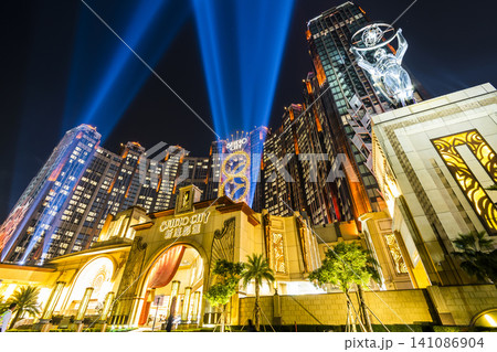 Beautiful night view of Studio City is a hotel casino resort on the Cotai Strip in Macau, China, a Hollywood studio-themed leisure resort. Beautiful night view of Studio City is a hotel casino resort on the Cotai Strip in Macau, China, a Hollywood studio-themed leisure resort. 141086904