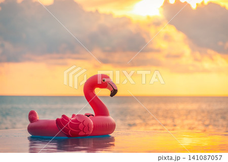 Playful pink flamingo float, warm golden sunset, glowing tropical sea. Fun summer beach vacation, dreamy holiday getaway. Trendy relaxing wallpaper, romantic sunset pool party scene Playful pink flamingo float, warm golden sunset, glowing tropical sea. Fun summer beach vacation, dreamy holiday getaway. Trendy relaxing wallpaper, romantic sunset pool party scene 141087057