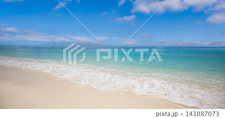 Gorgeous tropical beach, turquoise sea, fluffy clouds, bright blue sky. Sunny summer island paradise, exotic vacation escape. Relaxing travel destination background wallpaper, peaceful coastal scene Gorgeous tropical beach, turquoise sea, fluffy clouds, bright blue sky. Sunny summer island paradise, exotic vacation escape. Relaxing travel destination background wallpaper, peaceful coastal scene 141087073