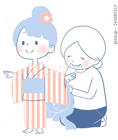 祖母が孫に浴衣を着付けるイラスト 祖母が孫に浴衣を着付けるイラスト 141087117